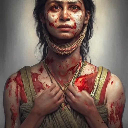 Prompt: portrait painting of a bloodied north bengali female butcher, ultra realistic, concept art, intricate details, eerie, highly detailed, photorealistic, octane render, 8 k, unreal engine. art by artgerm and greg rutkowski and alphonse mucha