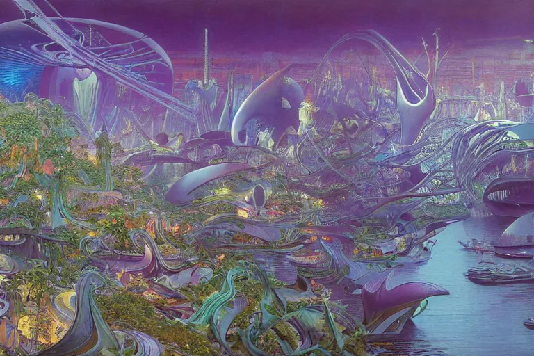 Image similar to oil painting, super - detailed scene of utopian floating zaha hadid city, cyberpunk garden, solarpunk, bioluminescent cyber - garden, japanese sci - fi books art, artwork by jean giraud and zdzislaw beksinski and alphonse mucha and hr giger, hd, 4 k, high quality