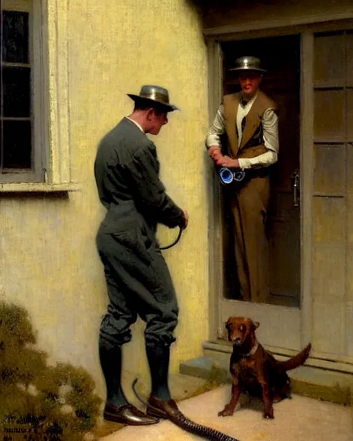 Image similar to handsome man selling vacuum cleaners door to door in a suburban neighborhood 1 9 3 2, melancholy, nostalgia, painting by gaston bussiere, craig mullins, j. c. leyendecker