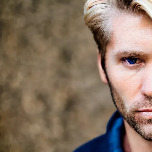 Image similar to close up of face of good looking 4 0 year old blond man with blond stubble, very short wavy blond hair in a short pompadour style, very pale skin, blue eyes, hairy shoulders, hairy chest, color portrait, 4 k