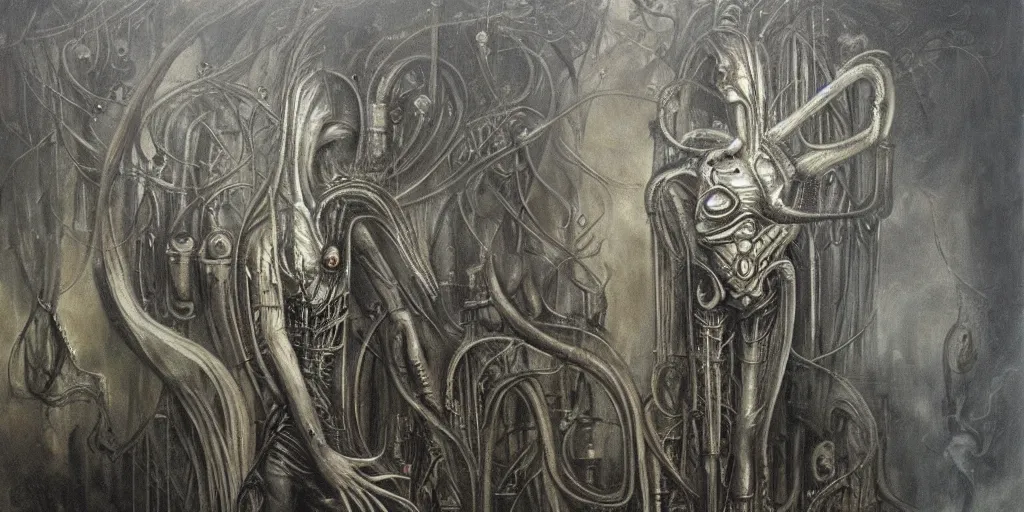 Prompt: a foggy highly detailed oil painting of a aetherpunk god by h. r giger in the style of romanticism art, trending on art station