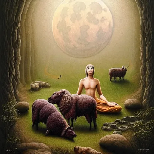 Prompt: an anthromorphic wolf sheppard with 2 sheep meditating in a zen garden with a waterfall under the blood moon, by Adi granov and afarin sajedi and amanda sage and evgeni gordiets and Agostino Arrivabene and adonna khare in a psychedelic portrait style, ultrarealistic matte painting, volumetric lighting, fractal, extremely symmetrical, highly detailed face, orisha, 8k, hd