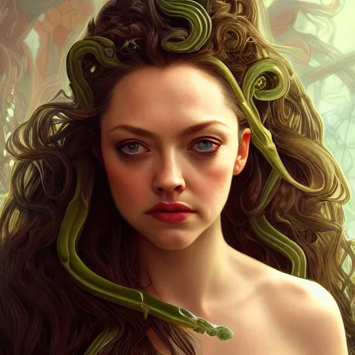 Image similar to Amanda Seyfried as Medusa, snakes for hair, olive skin, long dark hair, beautiful bone structure, intricate, elegant, highly detailed, digital painting, artstation, concept art, smooth, sharp focus, illustration, art by artgerm and greg rutkowski and alphonse mucha and Chris Achilleos