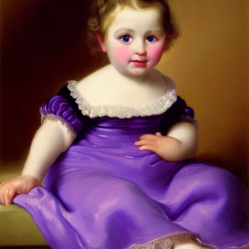 Image similar to portrait of a german toddler princess sitting down in a silk lavender gown, circa 1 8 3 7, by carl joseph begas, highly detailed, beautiful, oil on canvas, 1 8 3 0 s, romanticism