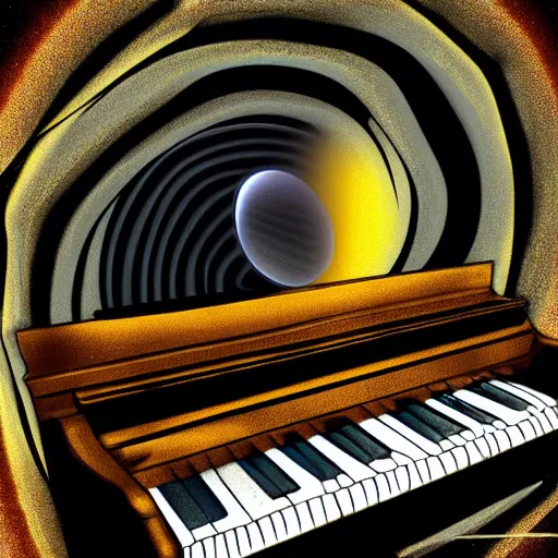 Prompt: piano in front of black hole being sucked in black hole, digital art