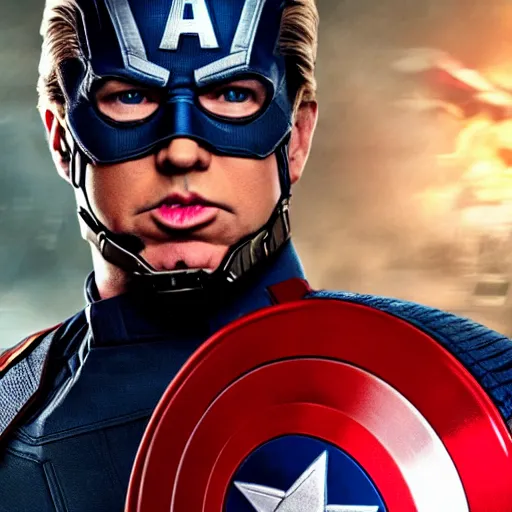 Image similar to Donald Trump as Captain America. Movie still frame. 4K UHD.