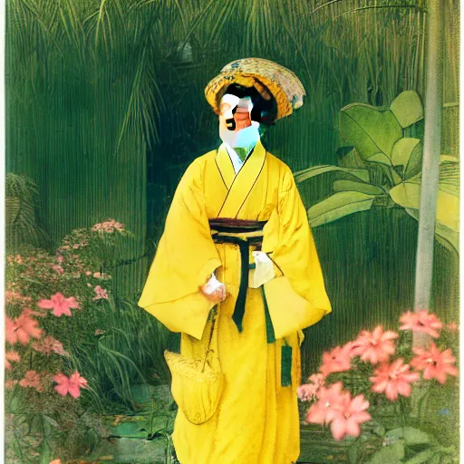 Image similar to Photograph. Film still. of a young woman!!! wearing a yellow kimono in a tropical greenhouse, by Carl Larsson Extremely detailed. 4K. 35 mm lens