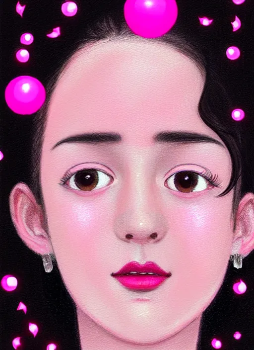 Image similar to portrait of teenage girl, narrow face, black hair, bangs, half updo hairstyle, pointy nose, skinny, smile, unattractive, defined jawline, big chin, pink hair bow, earrings, intricate, elegant, glowing lights, highly detailed, digital painting, artstation, sharp focus, illustration, art by wlop, mars ravelo and greg rutkowski