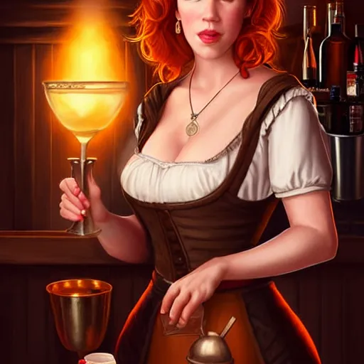 Image similar to a portrait digital painting of molly ringwald as a medieval bar maid in a tavern at night. painted by artgerm, ross tran.