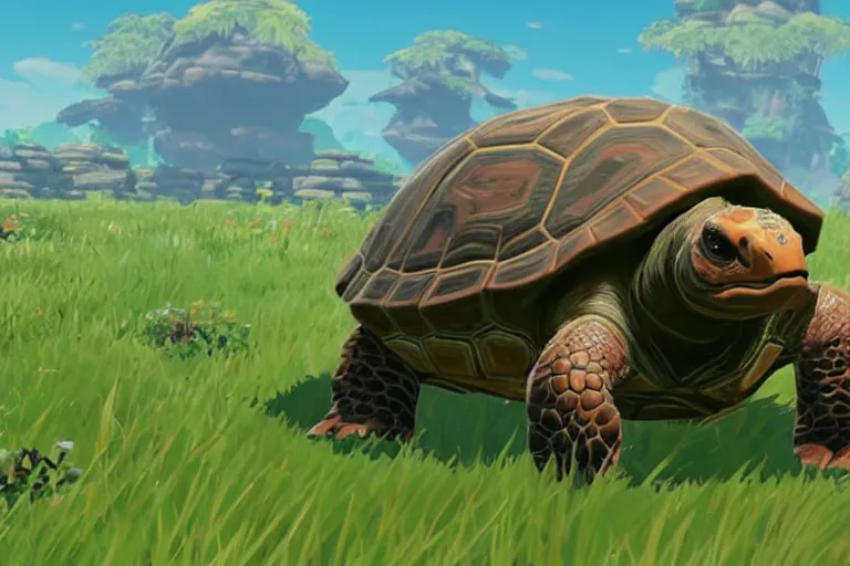Image similar to in game footage of a tortoise from the legend of zelda breath of the wild, breath of the wild art style.
