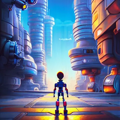 Image similar to a spectacular film poster of an adventurous boy ( facing the camera ) and his small robot friend, futuristic city background, eleborate composition with foreground and background, depth of field, fantasy illustration by kyoto studio, don bluth!!!, square enix, disney animation film, cinematic lighting