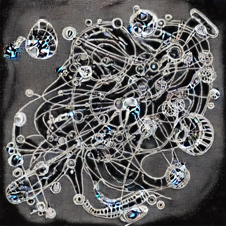 Image similar to a black and white drawing of a variety of sea life and filled with gundam mech equipment space station, a microscopic photo by ernst haeckel, zbrush central, kinetic pointillism, bioluminescence, biomechanical, intricate patterns, photoillustration