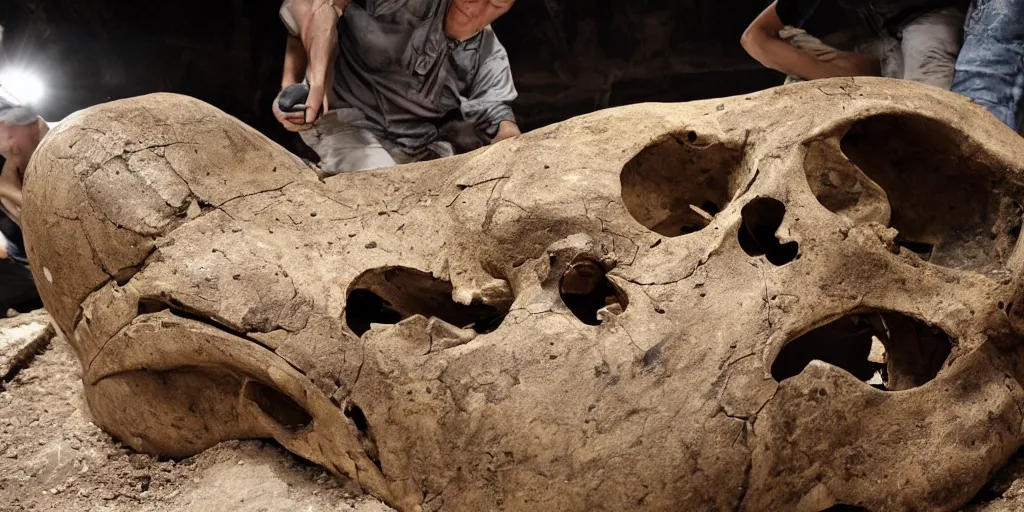 Prompt: human paleontologists find a giant skull inside a dig site, photography