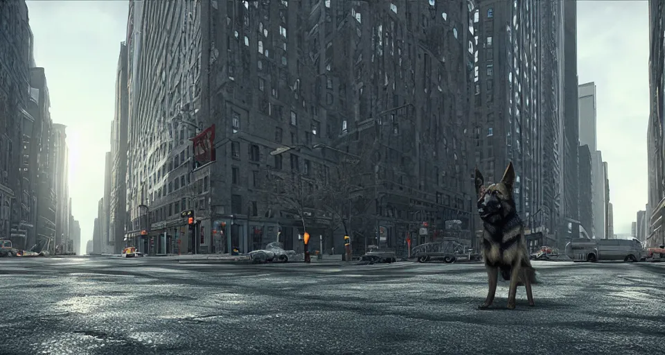 Prompt: the german shepherd of i am legend in new york, graphic novel style, octane render, unreal engine, sundown, empty streets