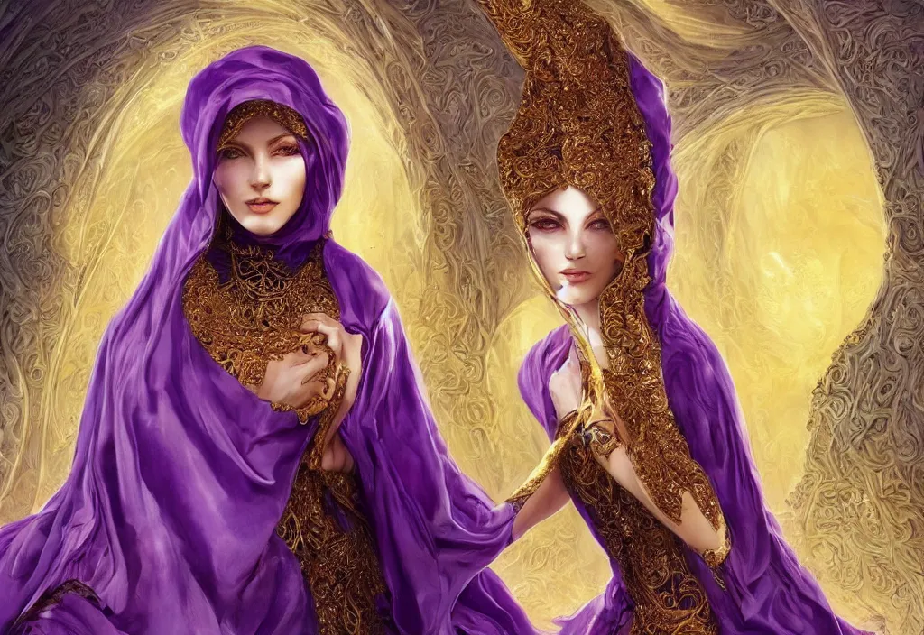 Image similar to a beautiful woman wearing a white niqab made of silk with golden jewelry and diamonds by alex gray and android jones, ornate purple background, karol bak, ayami kojima, arabian, concept art, fantasy,