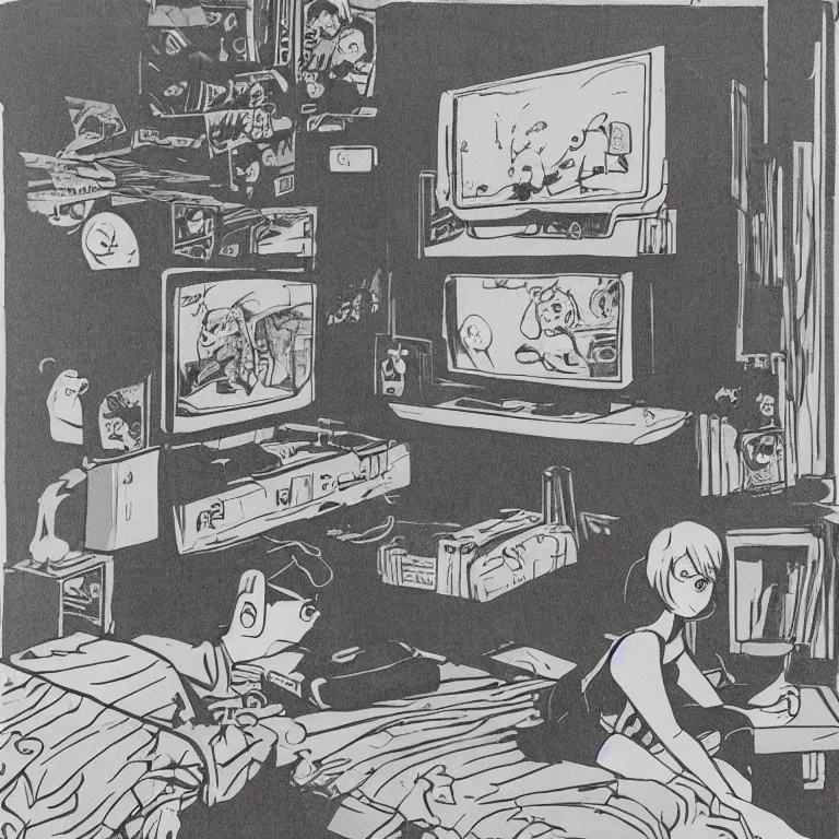 Prompt: illustration of teenager playing video games inside ominous creepy 1 9 8 0's teenagers bedroom. manga style of kentaro mirua,