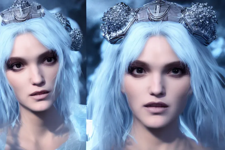 Prompt: HD render of Malevolent Ice Queen with round ice crystals on forehead in the style of Artstation, Unreal Engine, photorealistic, reflective