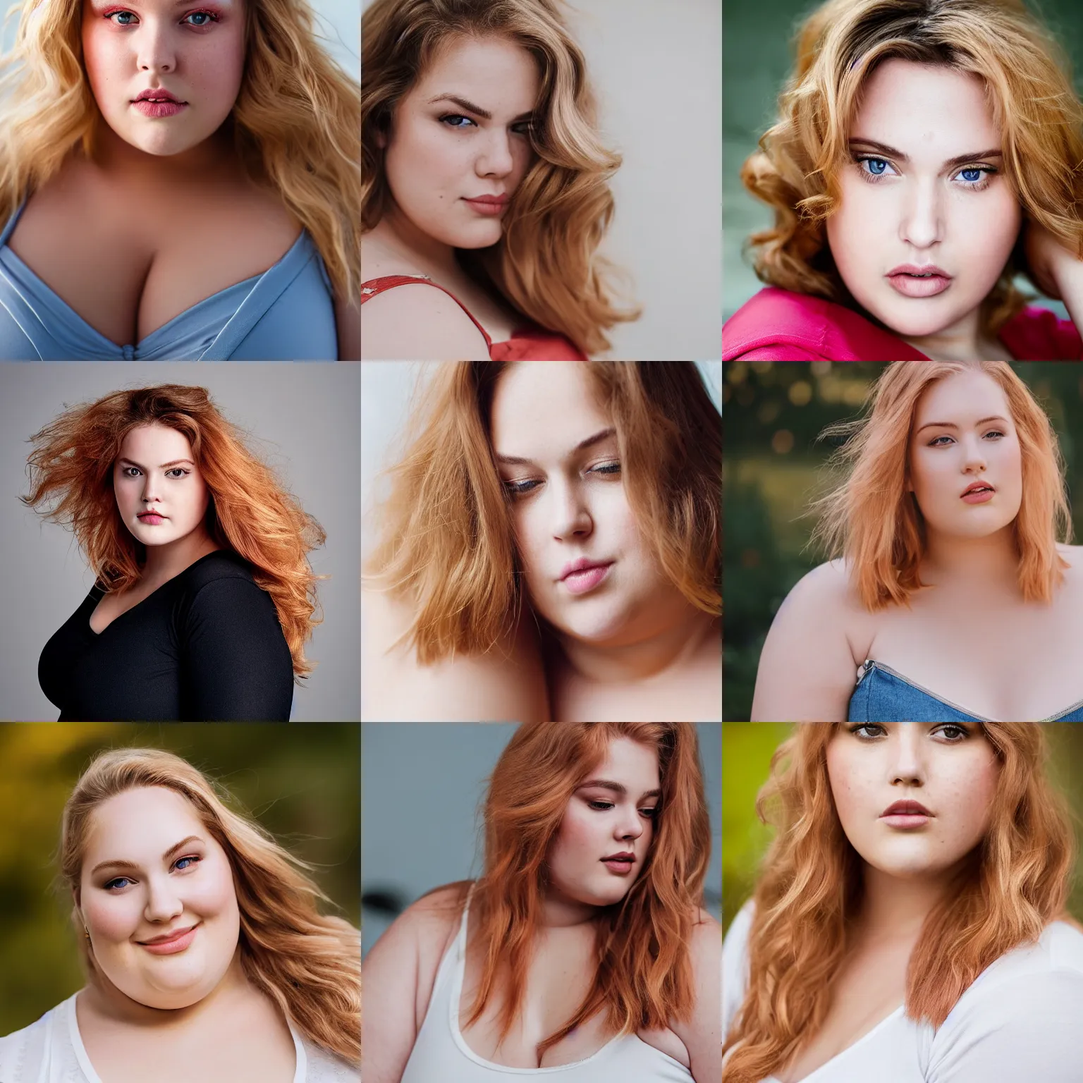 Prompt: a portrait photograph of a curvy, radiant, bubbly, 2 5 - year - old canadian plus - size model, strawberry - blond hair, creamy skin, portrait canon 8 5 mm f 1. 2 photograph head and shoulders portrait