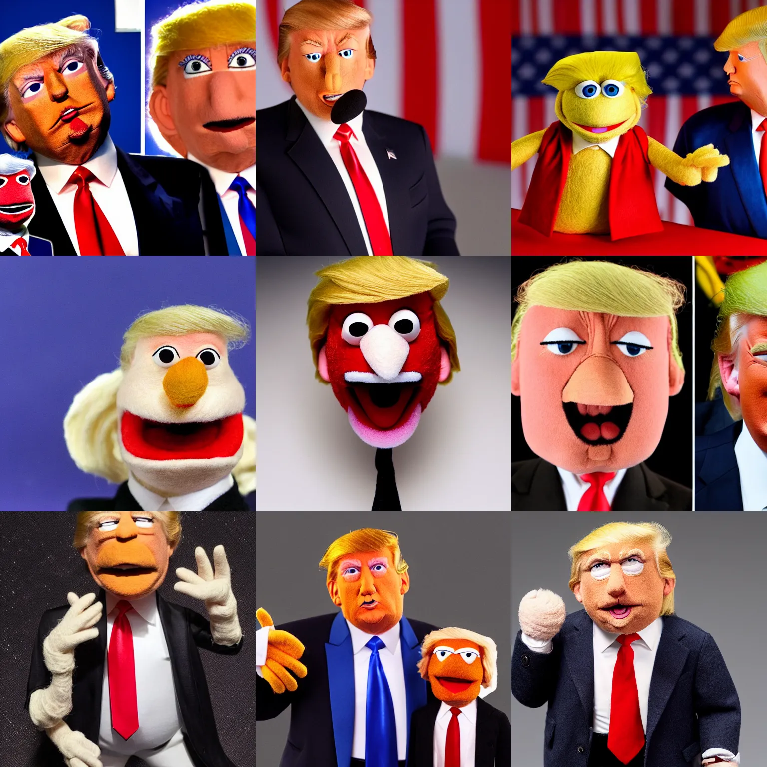 Prompt: donald trump as a muppet. highly detailed felt. hyper real photo. 4 k