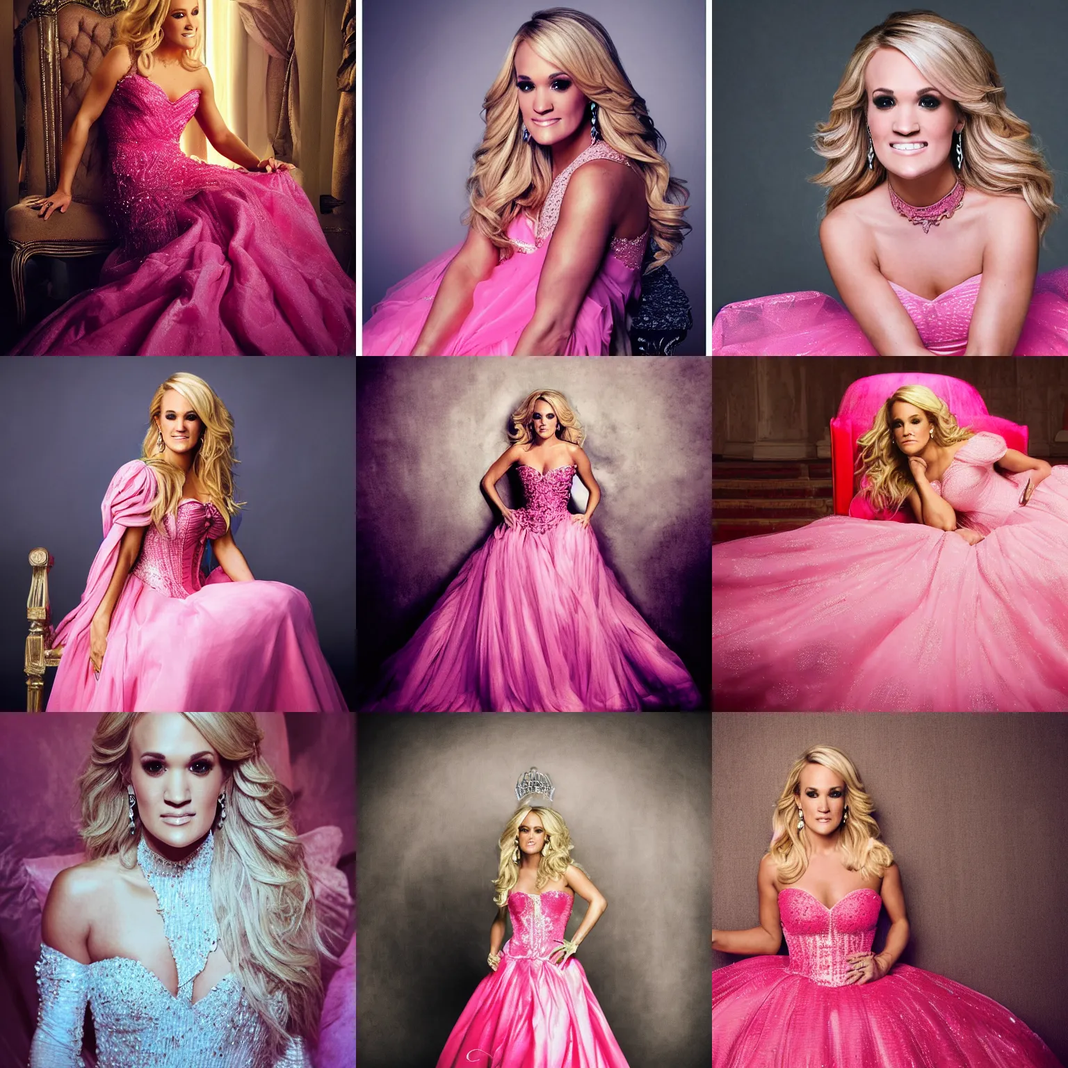 Prompt: a portrait of carrie underwood as sleeping beauty in a pink dress, dynamic lighting, hdr, full body picture,, hyper realistic, beautiful, pretty face