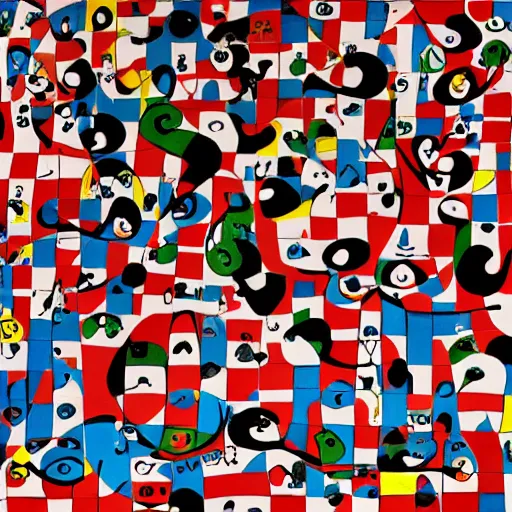 Image similar to Where's Waldo, in the style of Joan Miro