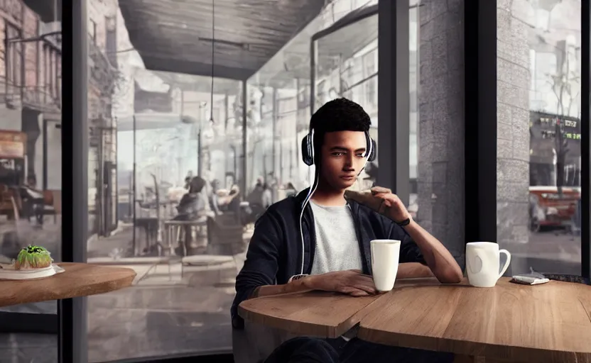 Prompt: a male teenager with headphones in a cafe sitting in front of a table with a coffee, digital painting, masterpiece, digital art, concept art, octane render, unreal engine 5, trending on deviantart, highly detailed, high quality, 4 k, cartoon, high coherence, realistic, anatomically correct, five fingers, relaxing, realistic and detailed face, beautiful, elegant