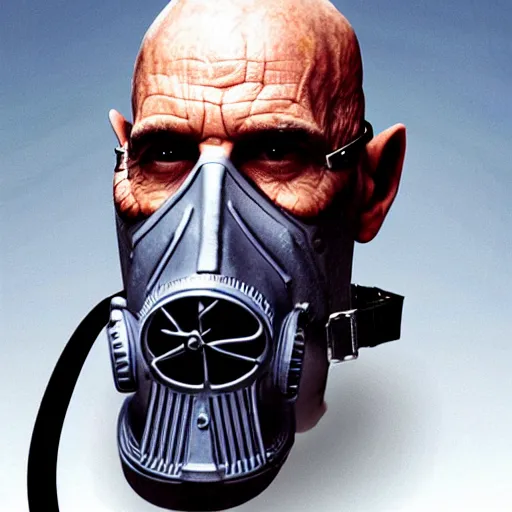 Prompt: Saruman wearing 3M gas mask on top of his head like Walter White