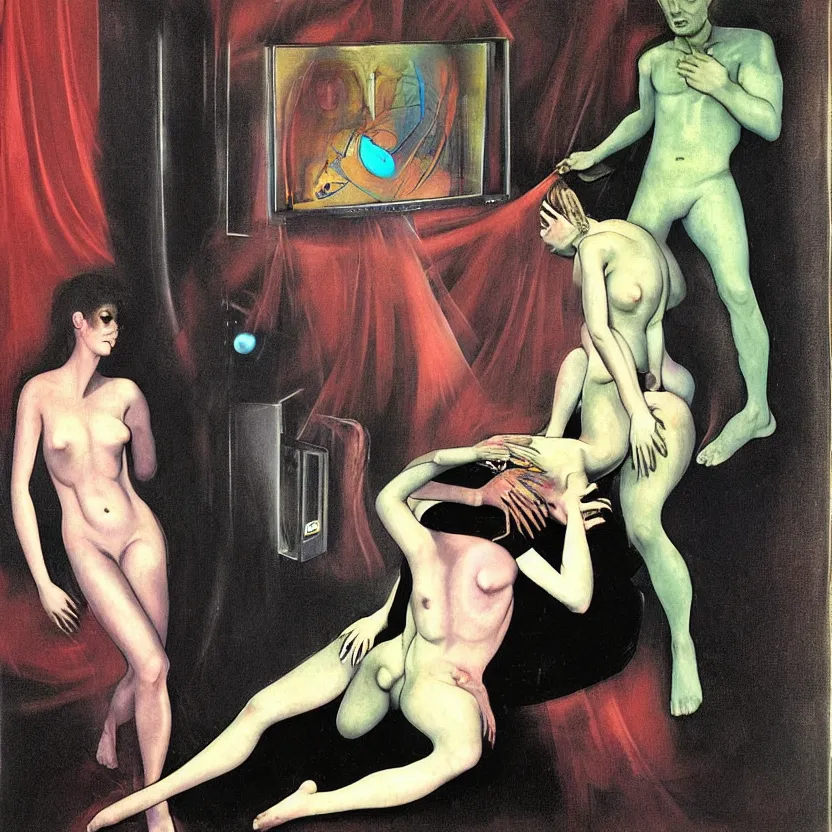 Prompt: Man and woman caressing each other in a living room of a house, floating dark energy surrounds the middle of the room. There is one living room tv to the side of the room, other side of the room there is one blue sirene, surrounded by a background of dark cyber mystic alchemical transmutation heavenless realm, cover artwork by francis bacon and Jenny seville, part by adrian ghenie, part by james gilleard, part by jeffrey smith, part by josan gonzales, part by norman rockwell, part by phil hale, part by kim dorland, palette knife texture, artstation, highly detailed
