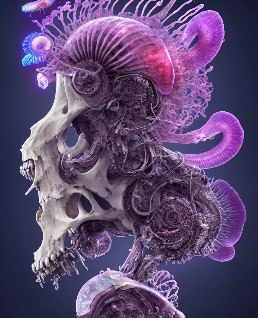 Image similar to goddess close-up portrait ram skull, thorax, x-ray, backbone, jellyfish phoenix head, nautilus, orchid, skull, betta fish, bioluminiscent creatures, intricate artwork by Tooth Wu and wlop and beeple. octane render, trending on artstation, greg rutkowski very coherent symmetrical artwork. cinematic, hyper realism, high detail, octane render, 8k