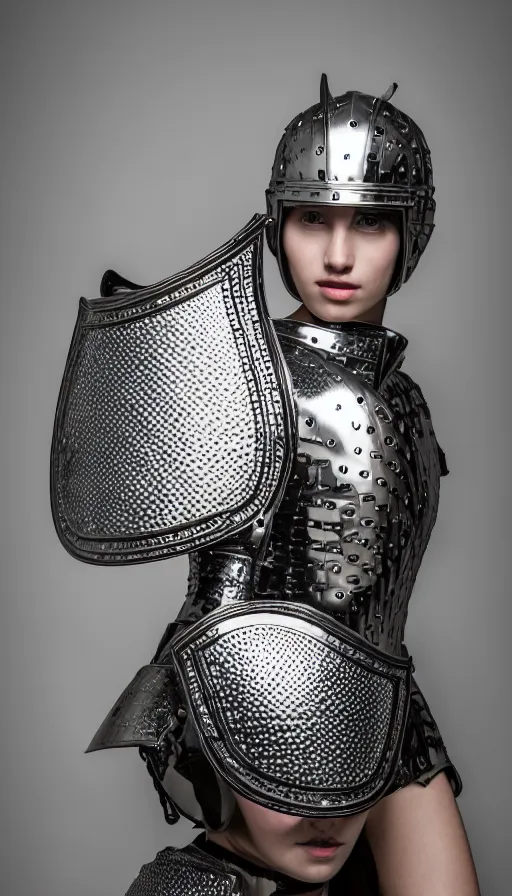 Image similar to female knight, armor created by louis vuitton in collaboration with versace, no helmet, symmetrical, cinematic, elegant, professional studio light, real dlsr photography, sharp focus, 4 k, ultra hd, sense of awe