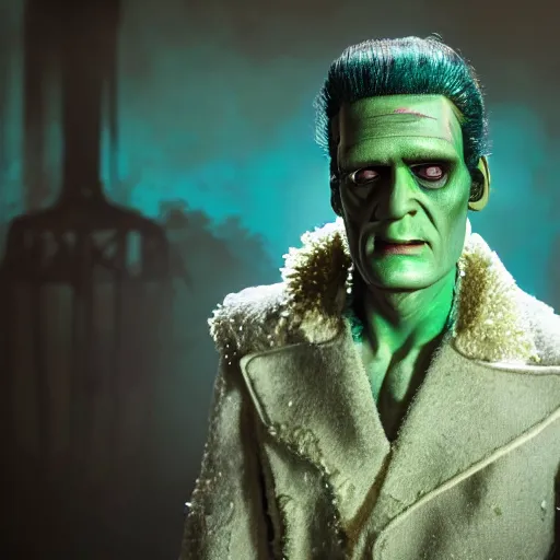 Prompt: frankenstein in green and purple, detailed skin, shiny jewels, professional make up, elvis hair style, created by the make up artist hungry, photographed by andrew thomas huang, cinematic, expensive visual effects