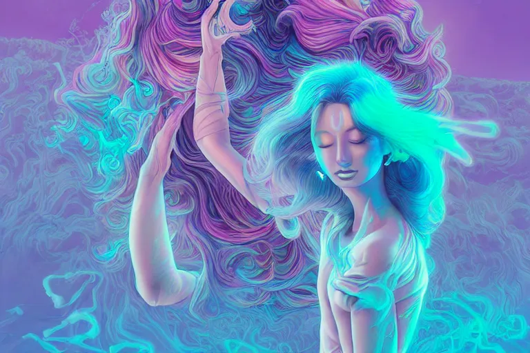 Image similar to cell shaded, muted vaporwave ombre. double exposure, replicant druid of creativity, flowing hair, beautiful character fashion design, by josan gonzalez, shag, nagel, and paul lehr and david heskin and seb mckinnon and jared s. merantz and alex grey, hi - fructose, 8 k, digital matte painting