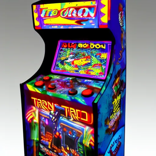 Prompt: a realistic detailed photograph of a 1 9 8 0 s arcade game cabinet of tron