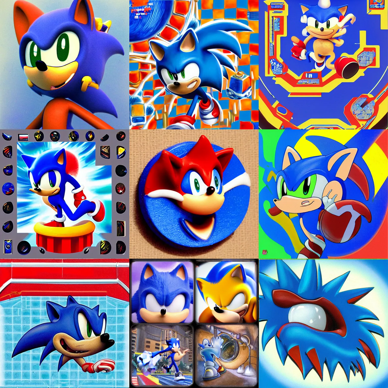 Prompt: sonic hedgehog portrait deconstructivist claymation scifi matte painting lowbrow tongue surreal sonic hedgehog, retro moulded professional soft pastels high quality airbrush art album cover of a liquid dissolving airbrush art tongue sonic the hedgehog swimming through dreams blue fisheye checkerboard background 1 9 9 0 s 1 9 9 2 sega genesis video game album cover