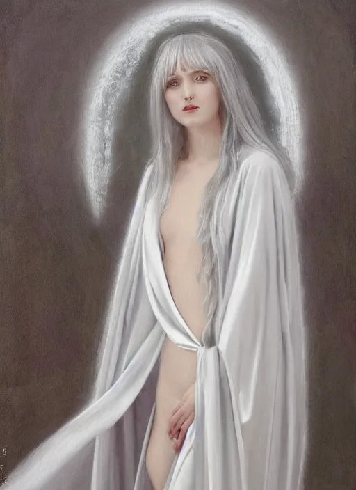 Image similar to thin angel with silver hair so pale and wan!, wearing robes, covered in robes, lone pale wan feminine goddess, wearing silver robes, flowing hair, pale skin, young cute face, covered!!, clothed! oil on canvas, style of lucien levy - dhurmer and jean deville, 4 k resolution, aesthetic!, mystery