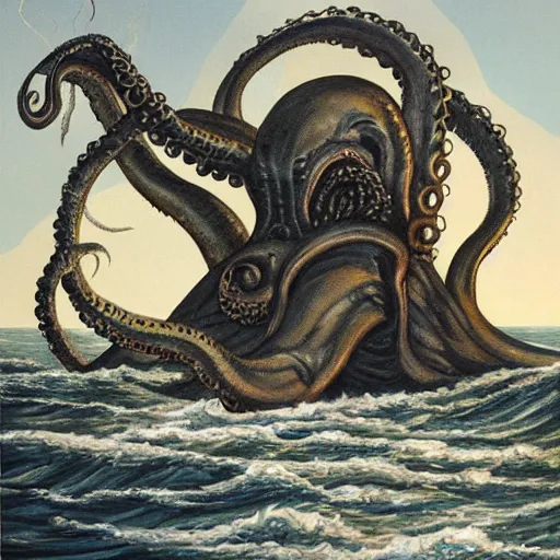Prompt: A painting of a terrifying kraken emerging at a fantasy port, in the style of Arcane, show-accurate