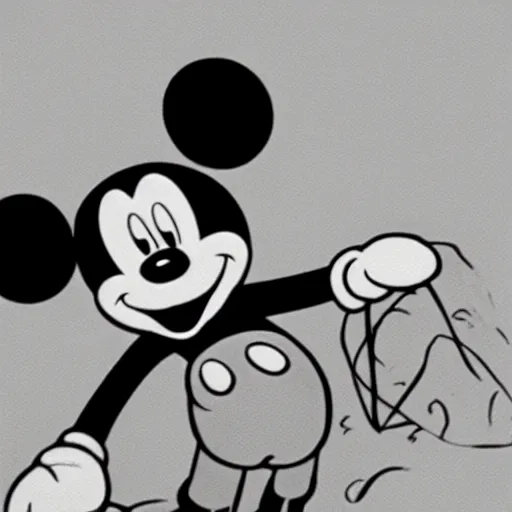 Prompt: mickey mouse riding on a nuclear bomb, black and white, cartoon, Walt Disney, 1920s