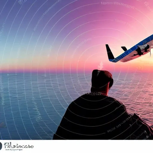 Image similar to man sitting on the wing of sea plane watching beautiful sunset peaceful serene ocean pretty pink orange skies slightly cloudy 36mm photo