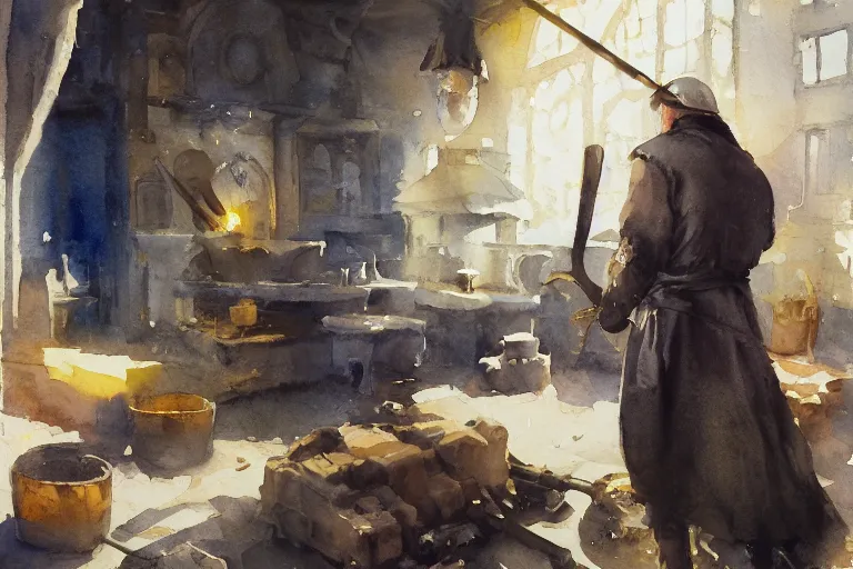 Prompt: small centered on watercolor paper, paint brush strokes, abstract watercolor painting of dirty medieval blacksmith with apron and hammer, anvil, kiln, cinematic light, national romanticism by hans dahl, by jesper ejsing, by anders zorn, by greg rutkowski, by greg manchess, by tyler edlin