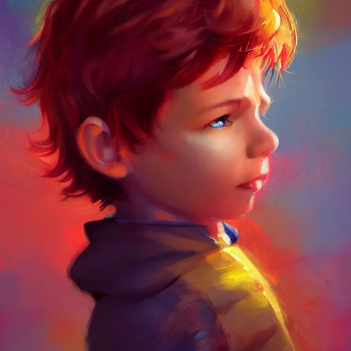 Image similar to colorful and festive captivating young child boy, brown fluffy hair, wearing red and yellow hero suit. full body, rich vivid colors, ambient lighting, dynamic lighting, 4 k, atmospheric lighting, painted, intricate, highly detailed by charlie bowater