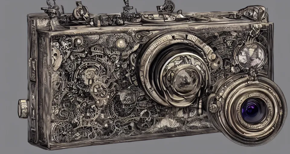 Prompt: A beautiful artwork illustration, extremely detailed and advanced steampunk-themed camera , featured on artstation, wide angle, horizontal orientation