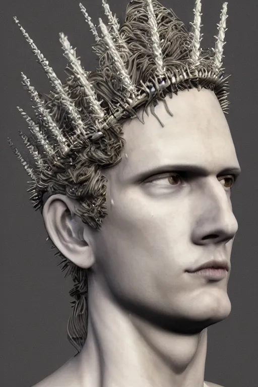 Image similar to full marble baroque style sculpture of handsome young seductive Spanish prince with a spiky hair, wearing a crown made out of woven pipe cleaners, background floating in outer space, photorealism, octane render, artgem, Trending on artstation