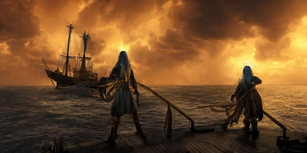 Prompt: epic medieval woman ship pilot standing at the bow of a ship at sea from behind, dramatic dark glowing golden neon sunset with thick wall of storm clouds and turbulant seas, dynamic lighting, hyperrealistic, hd 4 k, artstation