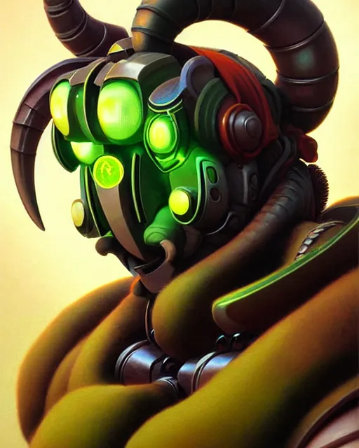 Image similar to orisa from overwatch, ram horns, character portrait, portrait, close up, highly detailed, intricate detail, amazing detail, sharp focus, vintage fantasy art, vintage sci - fi art, radiant light, caustics, by boris vallejo