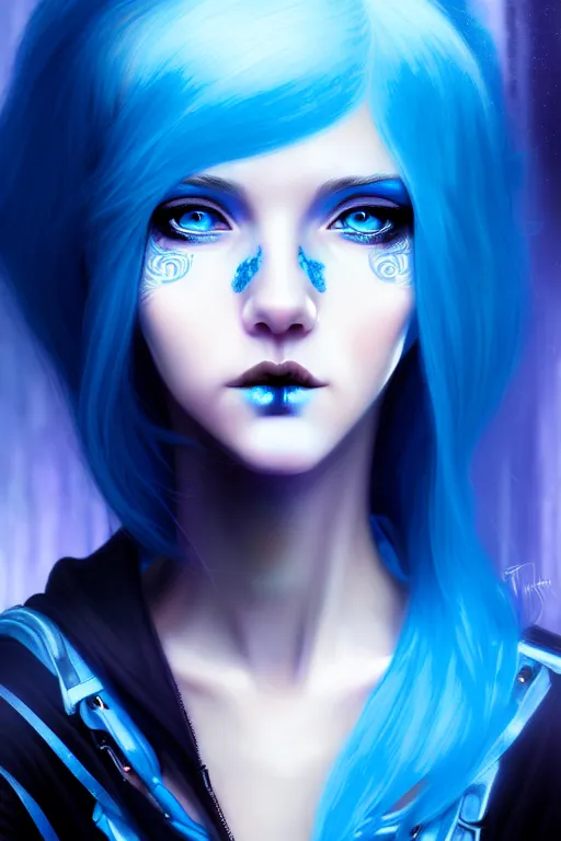 Image similar to a young, slender girl, with blue hair and bright blue eyes, hyperrealistic face, beautiful eyes, fantasy art, intricate, hyperdetalized, smooth, cyberpunk, tech