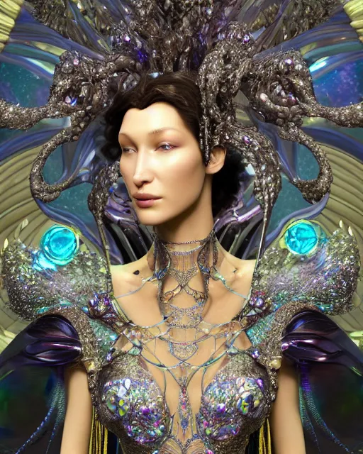 Image similar to a highly detailed metahuman 4 k close up render of an alien goddess bella hadid monument persephone in iris van herpen dress schiaparelli in diamonds crystals swarovski and jewelry iridescent in style of alphonse mucha gustav klimt trending on artstation made in unreal engine 4