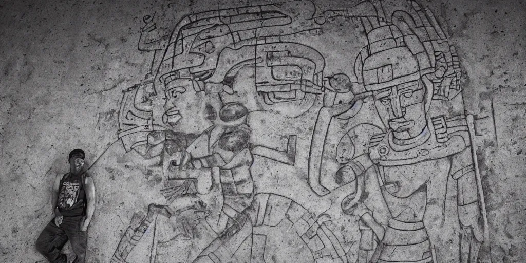 Image similar to pascal votan the space navigator as etched in stone, Mayan hieroglyph by Liam Wong and Boris Vallejo