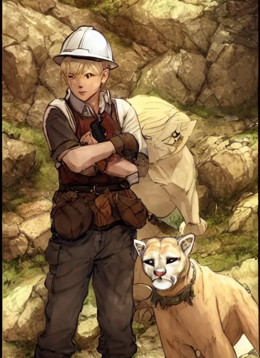 Image similar to character portrait of a man with an albino mountain lion's head wearing miner's clothes at the mines. hidari, color page, tankoban, 4K, tone mapping, Akihiko Yoshida.