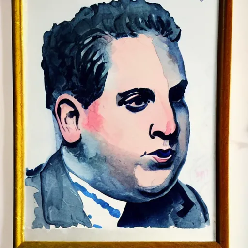 Prompt: jonah hill, stylized. Watercolor and ink. 1940s.