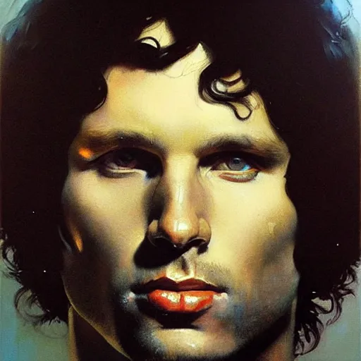 Image similar to portrait of jim morrison, detailed face, detailed painting, epic lighting, by ilya repin, phil hale and kent williams